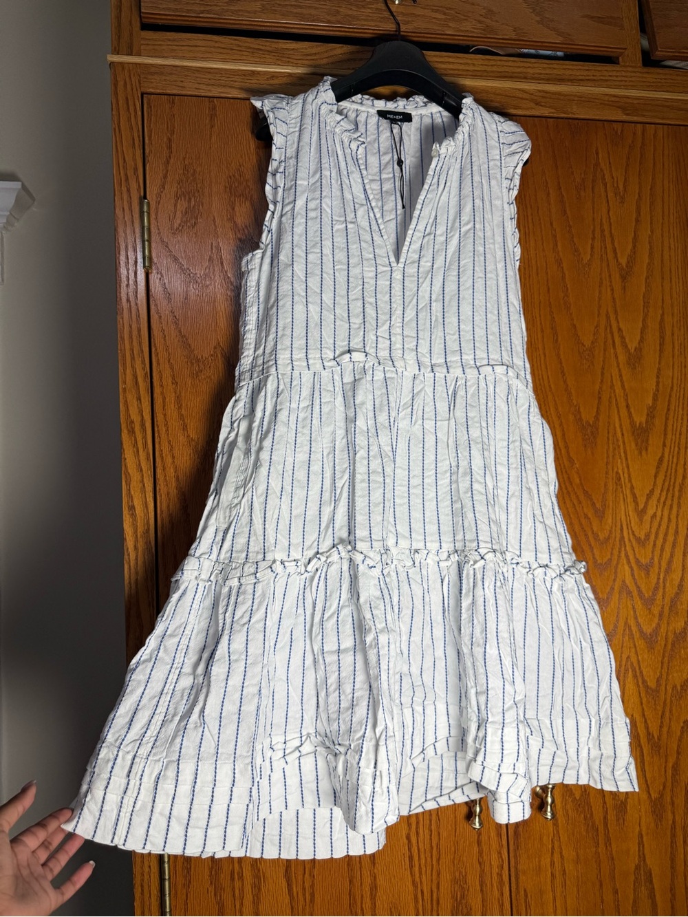 ME+EM White Dress with Blue Pinstripes